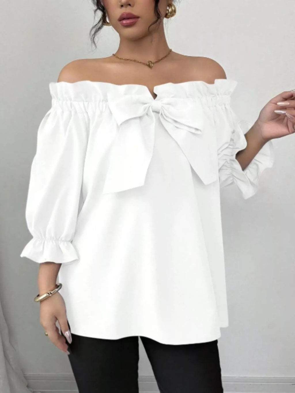 Bow Flounce Sleeve Blouse - Godess beauty  #