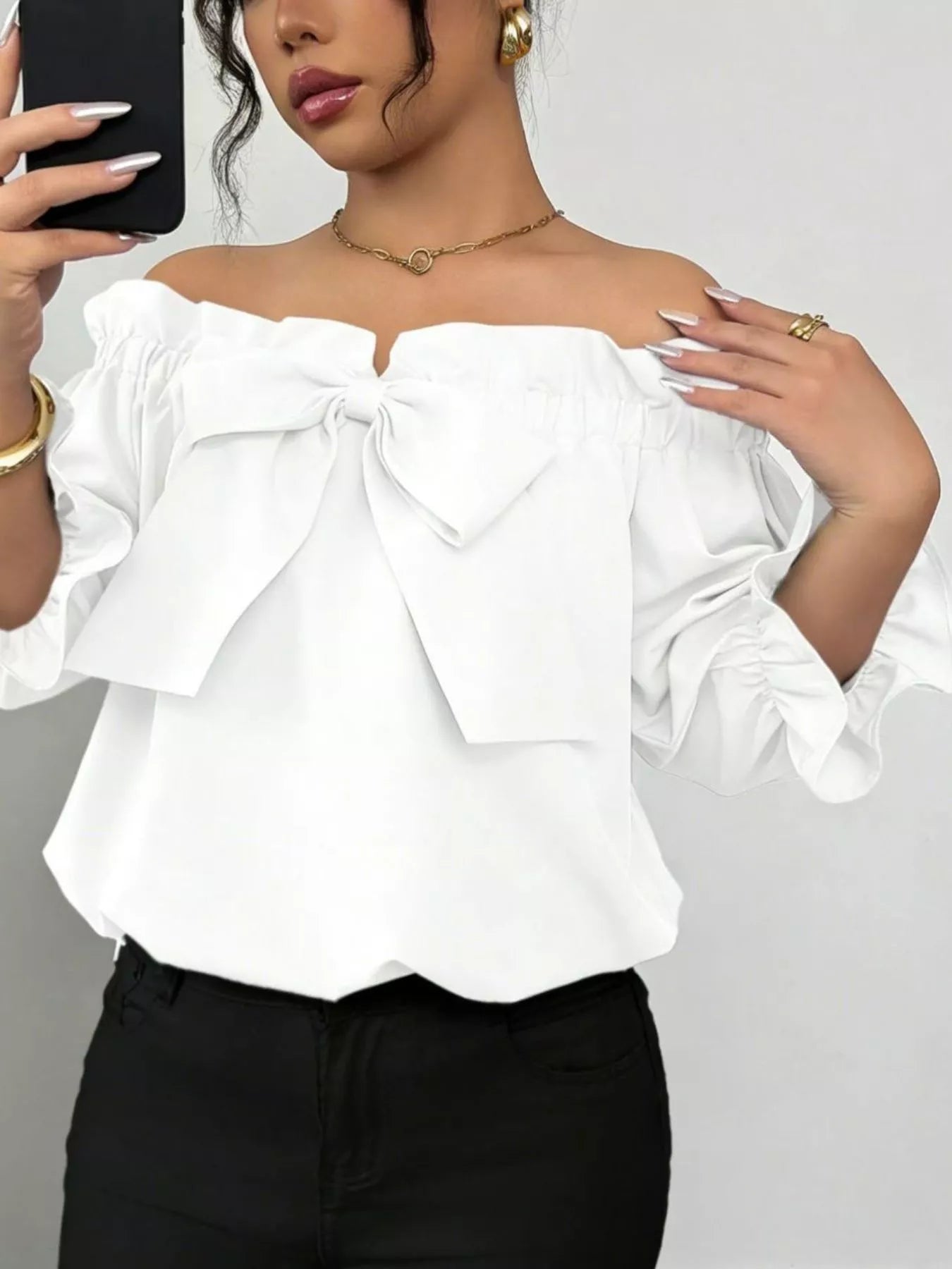 Bow Flounce Sleeve Blouse - Godess beauty  #