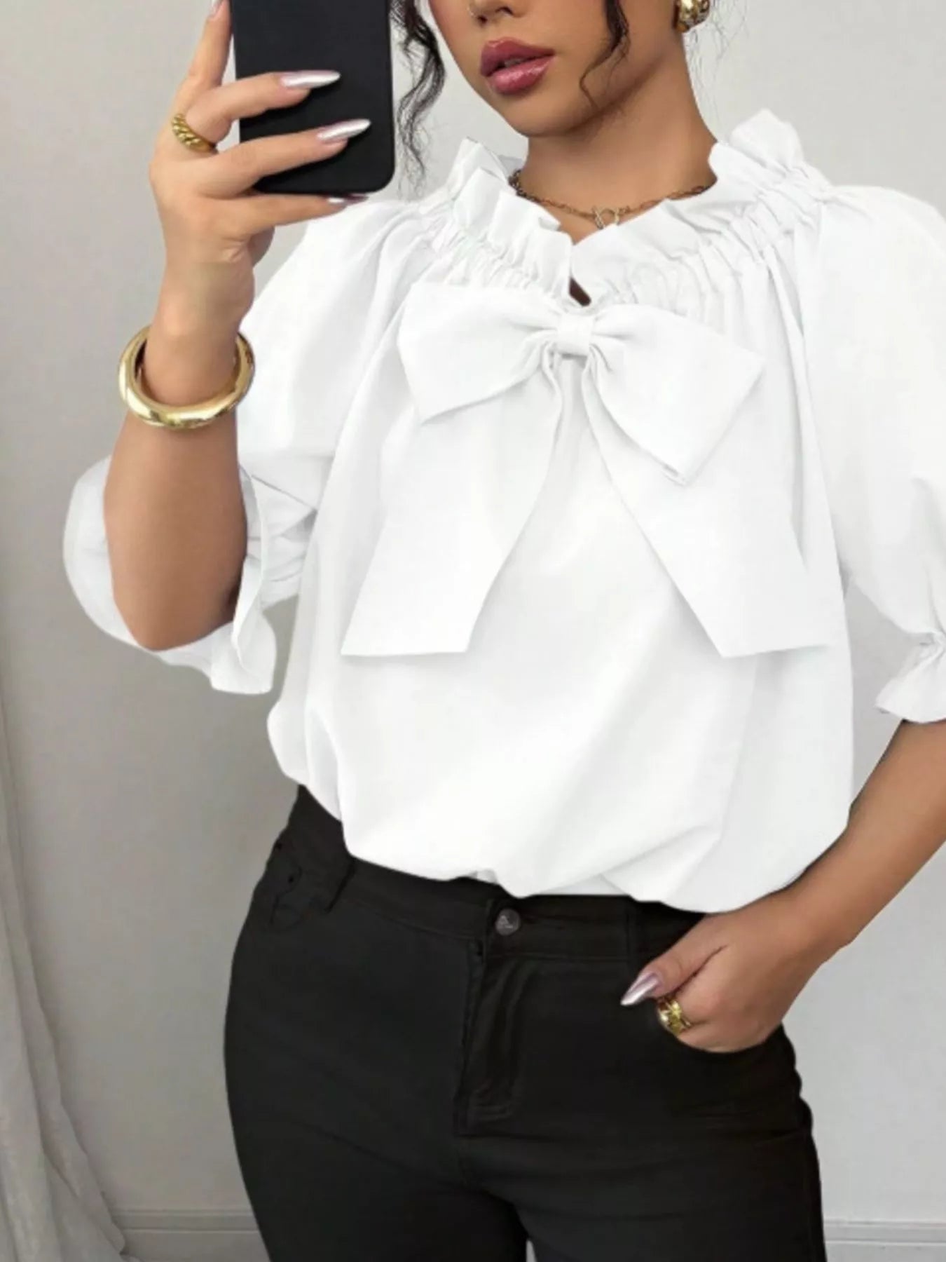 Bow Flounce Sleeve Blouse - Godess beauty  #