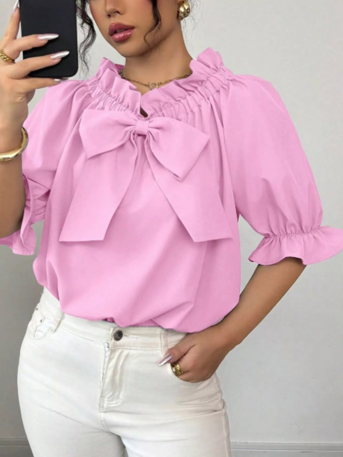 Bow Flounce Sleeve Blouse - Godess beauty  #