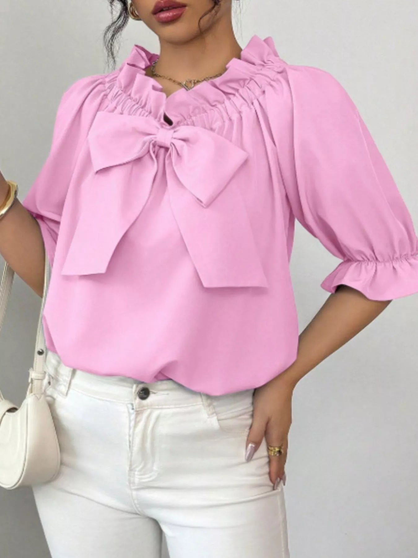 Bow Flounce Sleeve Blouse - Godess beauty  #