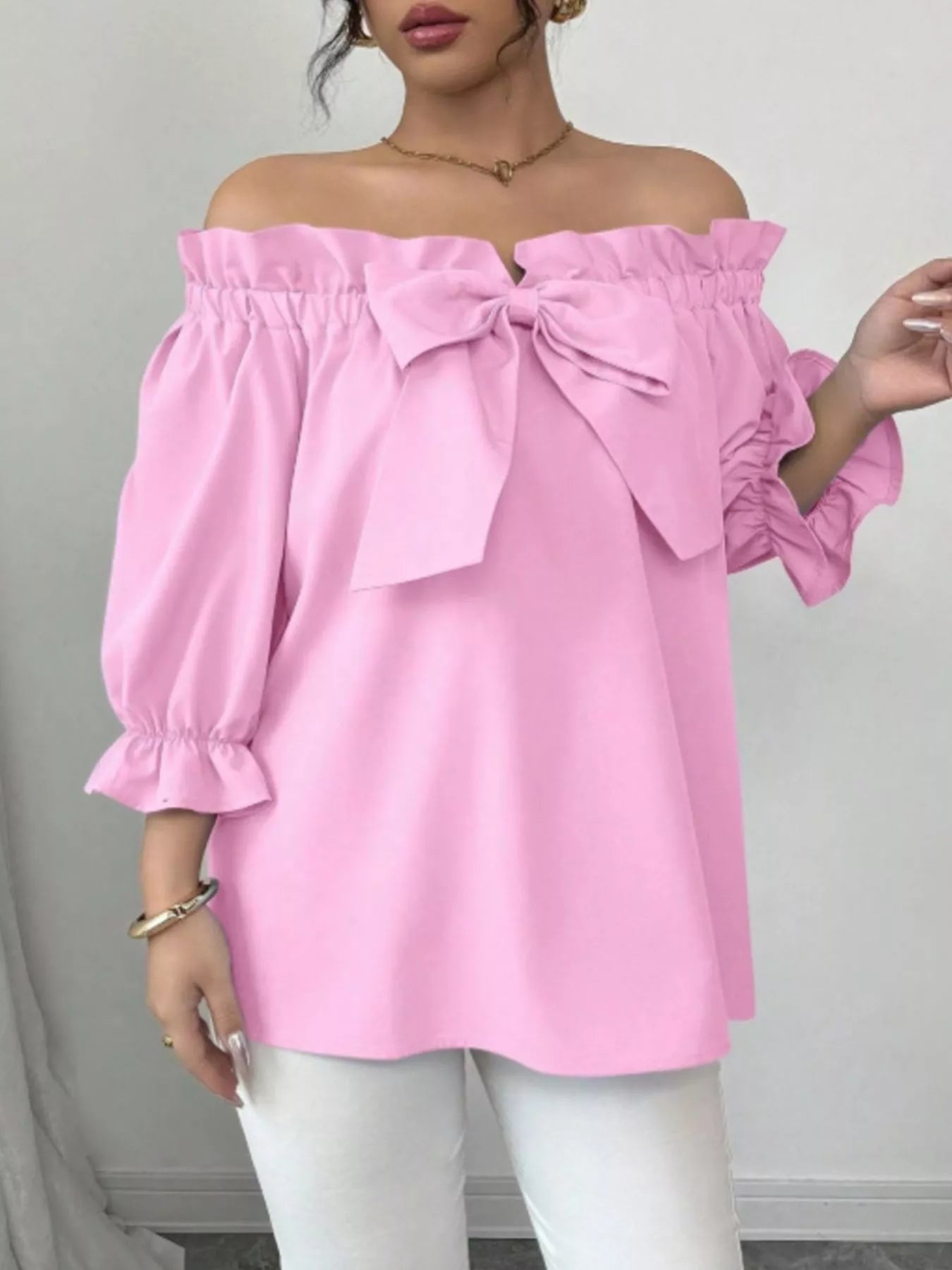 Bow Flounce Sleeve Blouse - Godess beauty  #