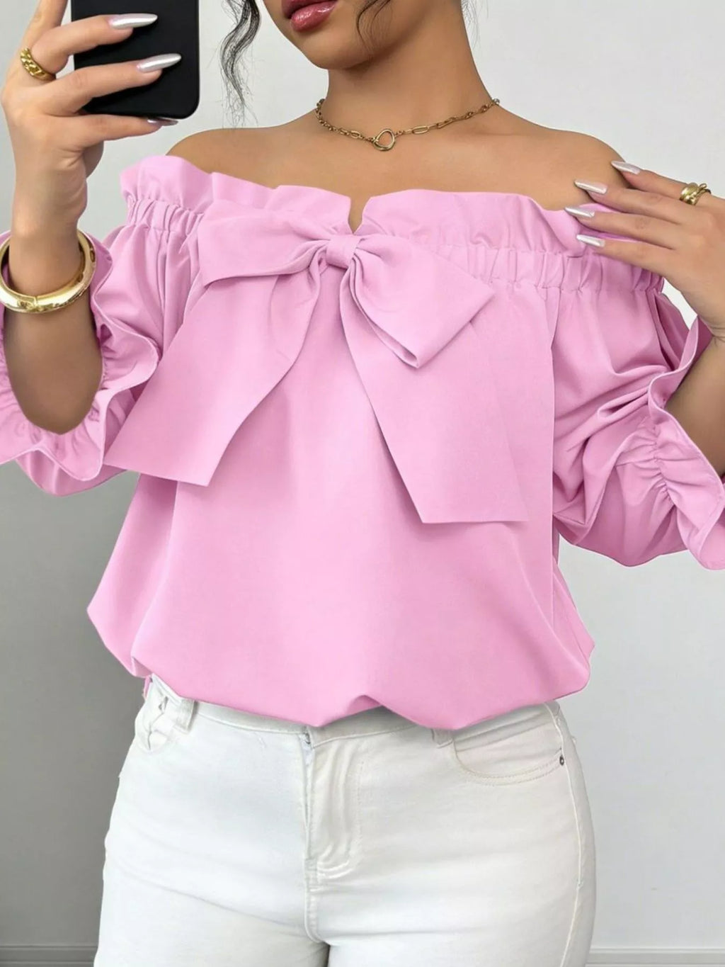Bow Flounce Sleeve Blouse - Godess beauty  #