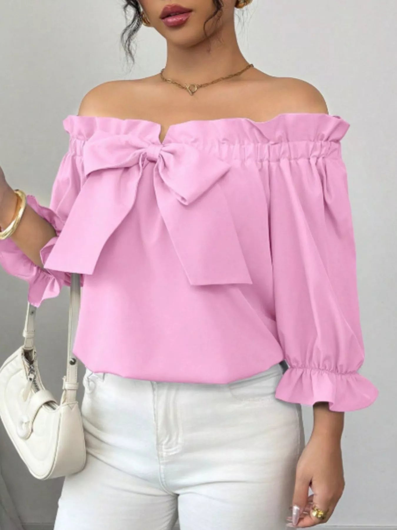 Bow Flounce Sleeve Blouse - Godess beauty  #