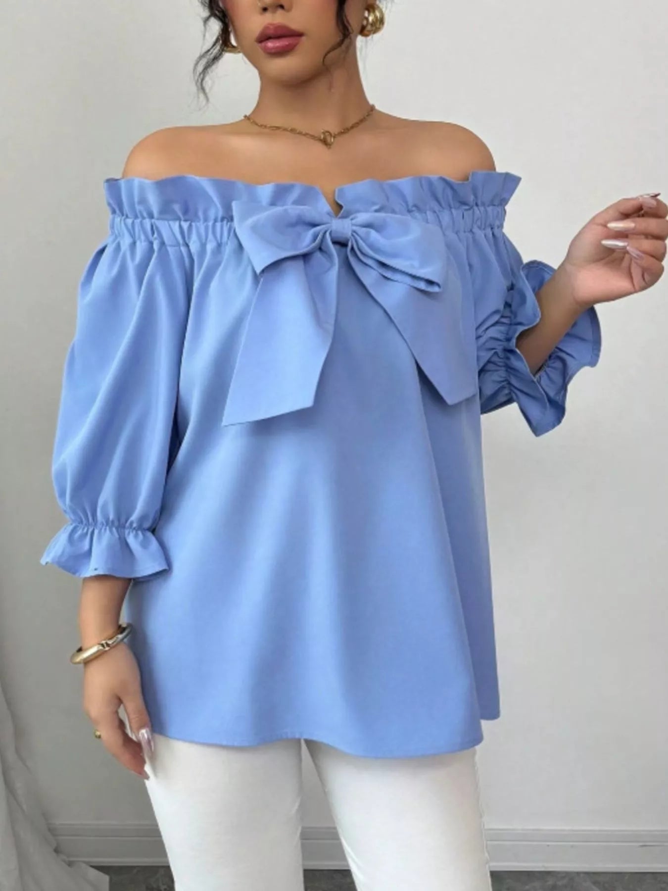 Bow Flounce Sleeve Blouse - Godess beauty  #
