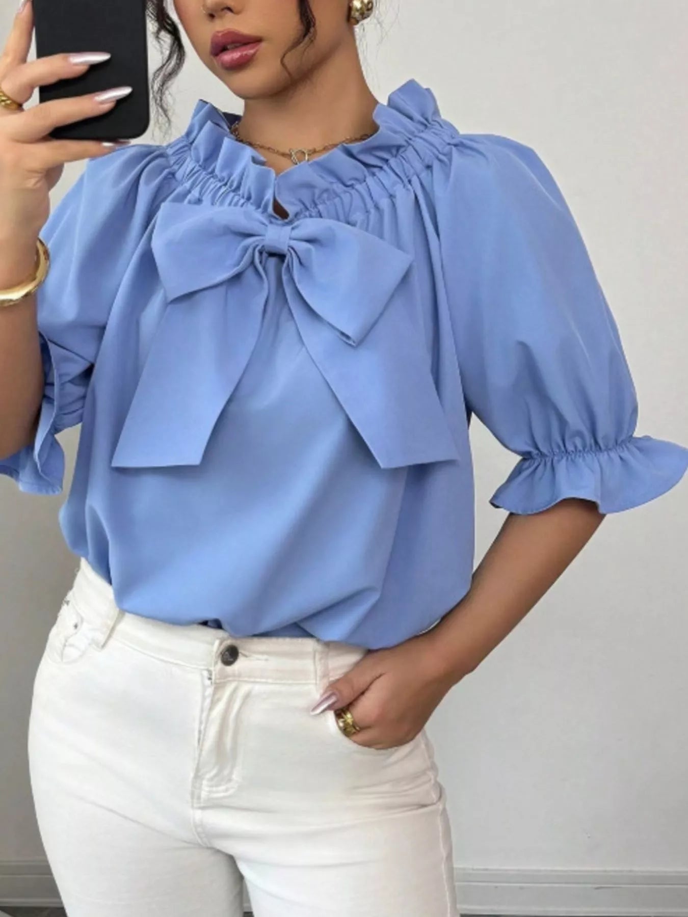 Bow Flounce Sleeve Blouse - Godess beauty  #