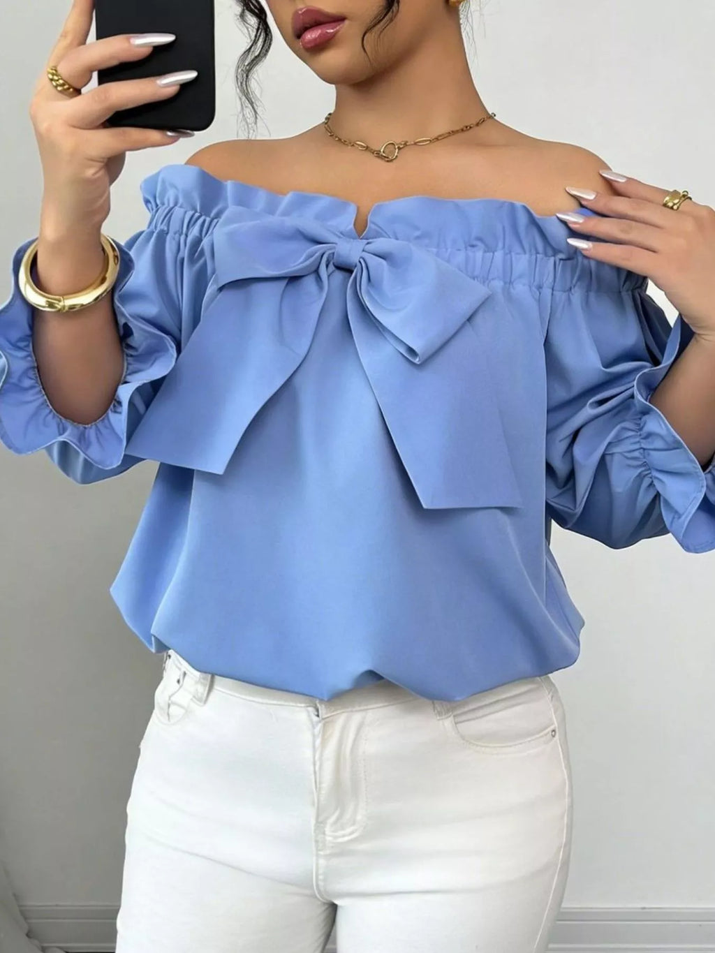 Bow Flounce Sleeve Blouse - Godess beauty  #
