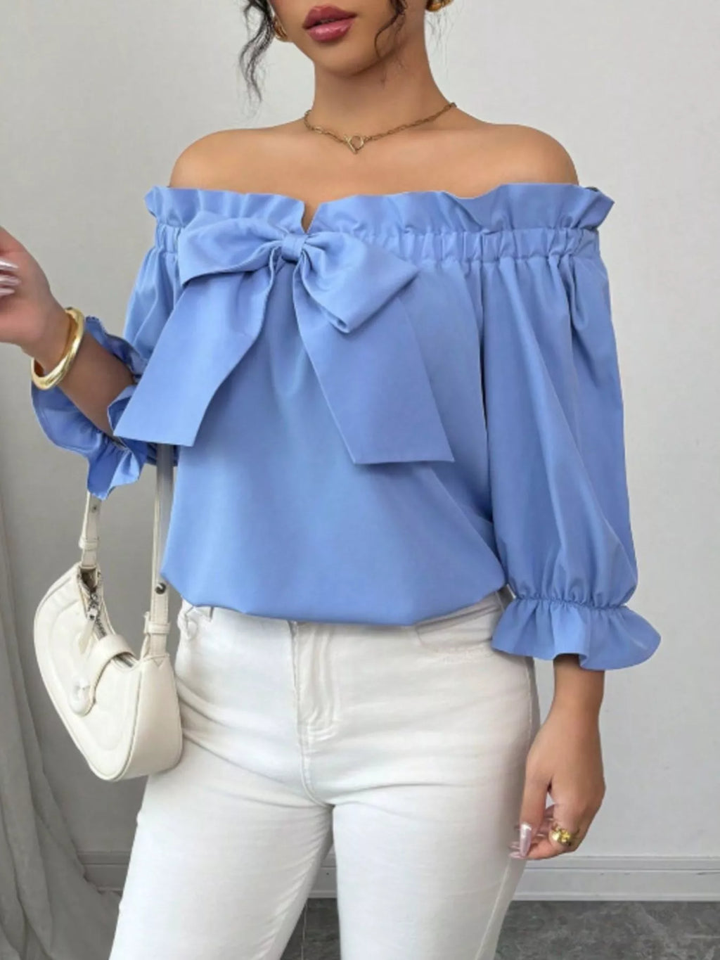 Bow Flounce Sleeve Blouse - Godess beauty  #