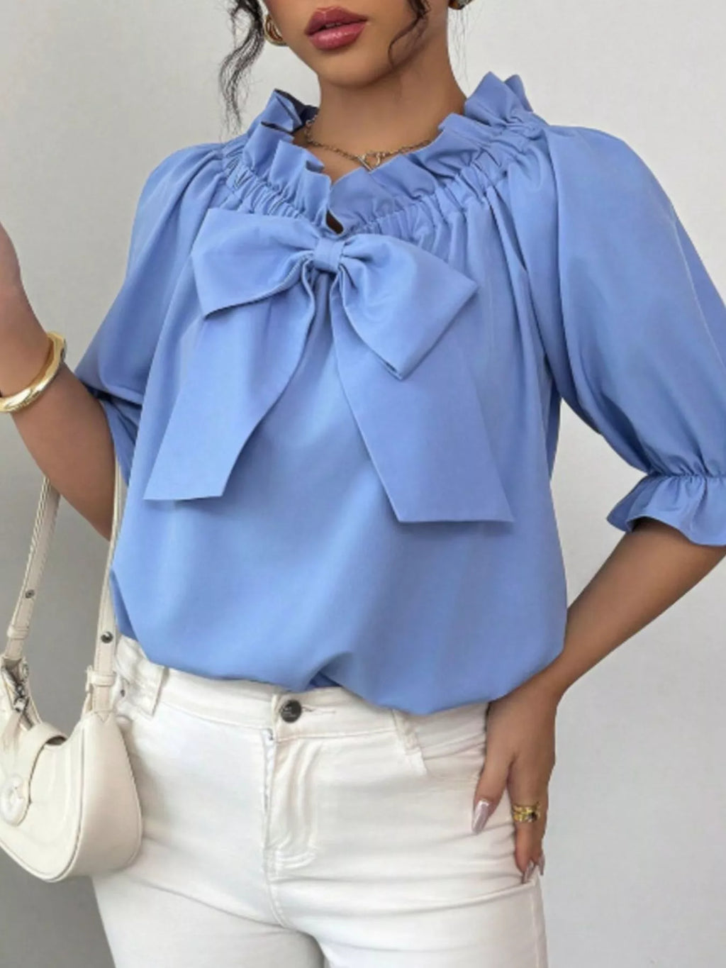 Bow Flounce Sleeve Blouse - Godess beauty  #