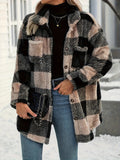 Button Down Collared Neck Plaid Teddy Coat with Pockets - Godess Beauty  #