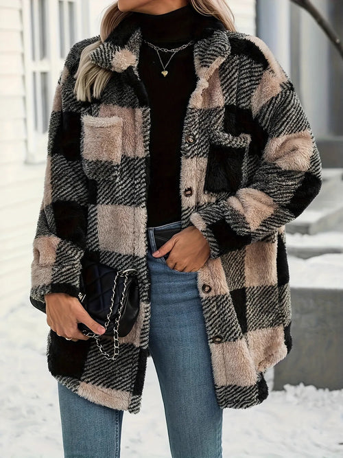 Button Down Collared Neck Plaid Teddy Coat with Pockets - Godess Beauty  #