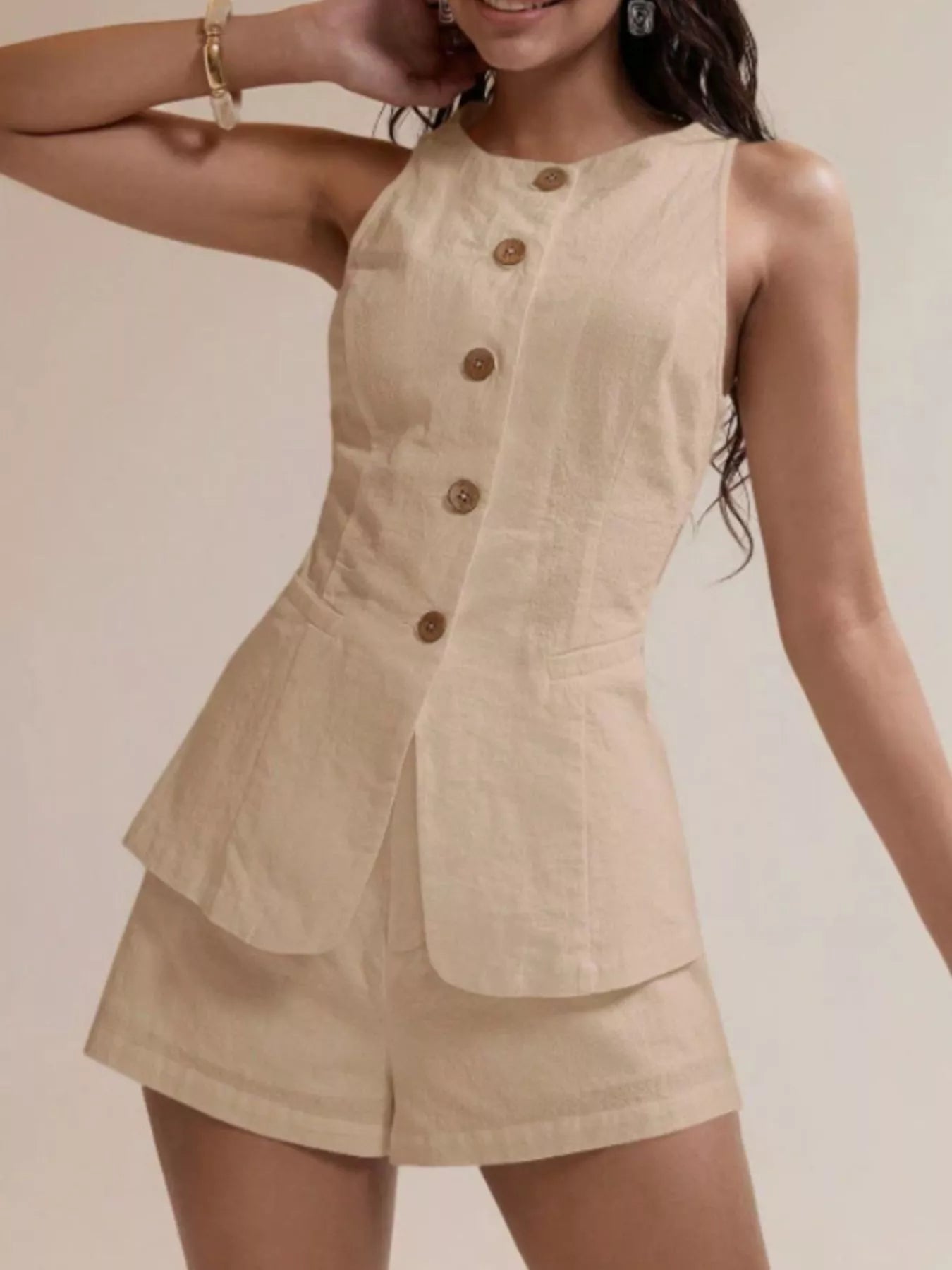 Button-Down Sleeveless Top and Shorts Set - Godess beauty  #