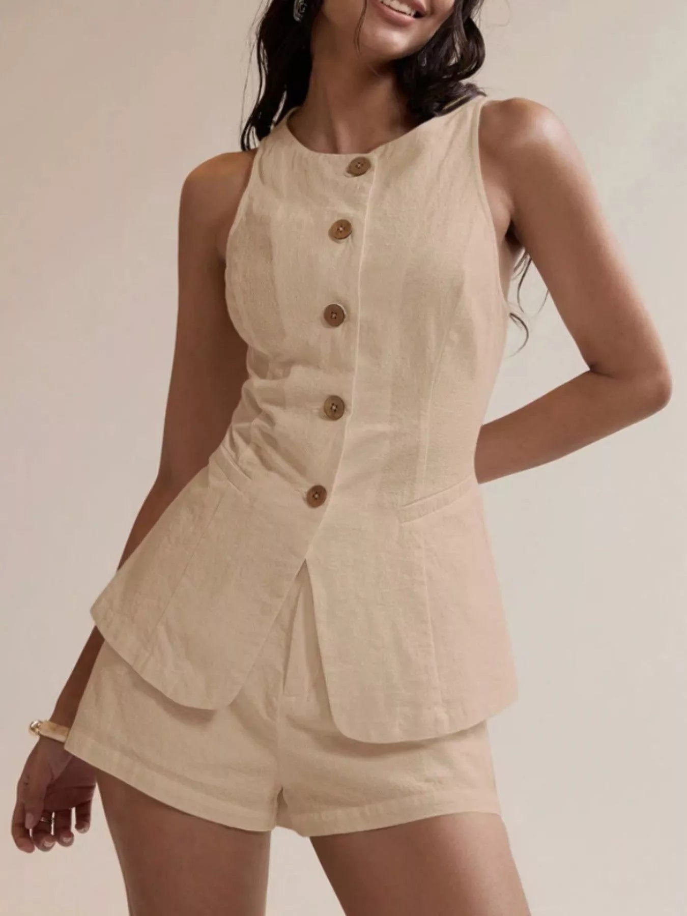 Button-Down Sleeveless Top and Shorts Set - Godess beauty  #