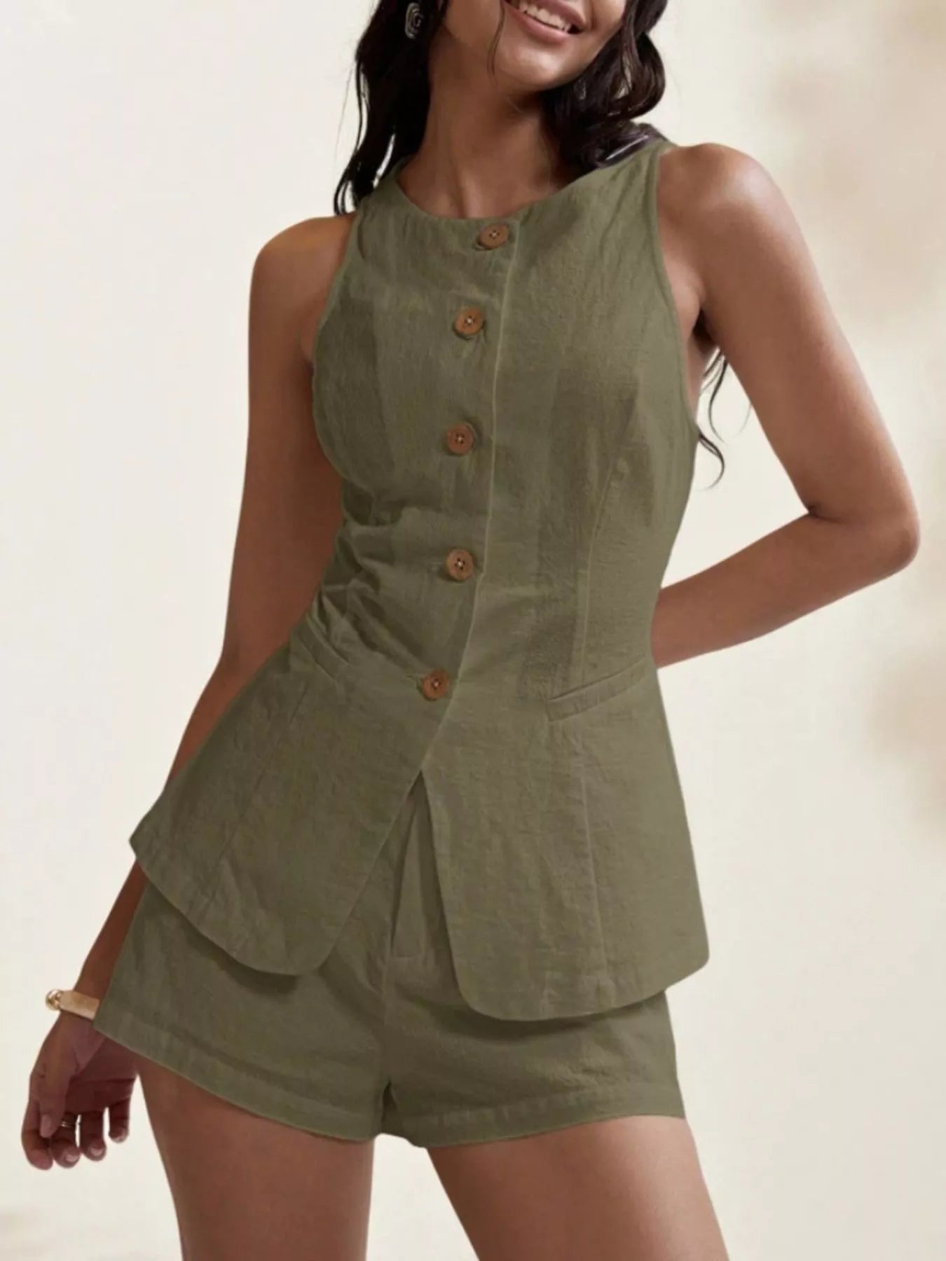 Button-Down Sleeveless Top and Shorts Set - Godess beauty  #