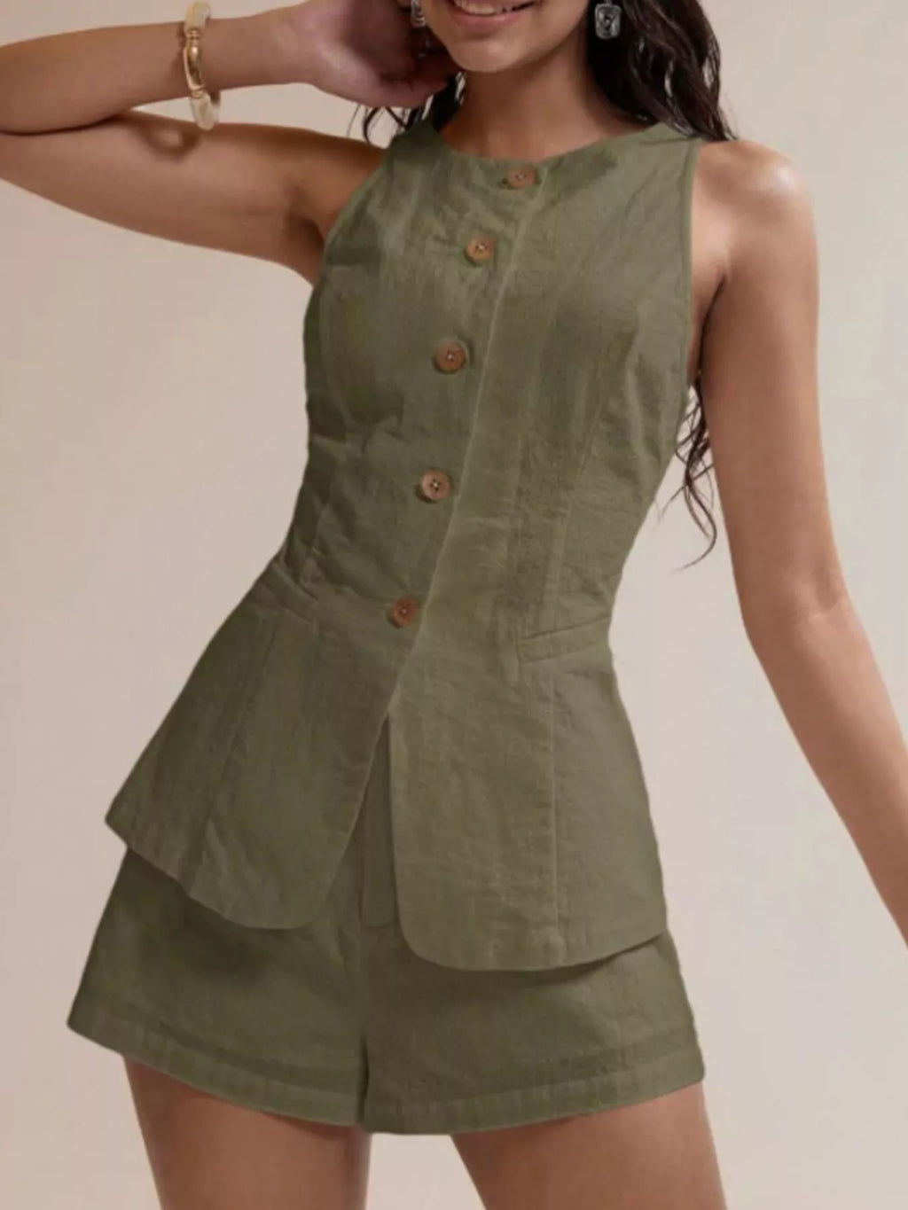 Button-Down Sleeveless Top and Shorts Set - Godess beauty  #
