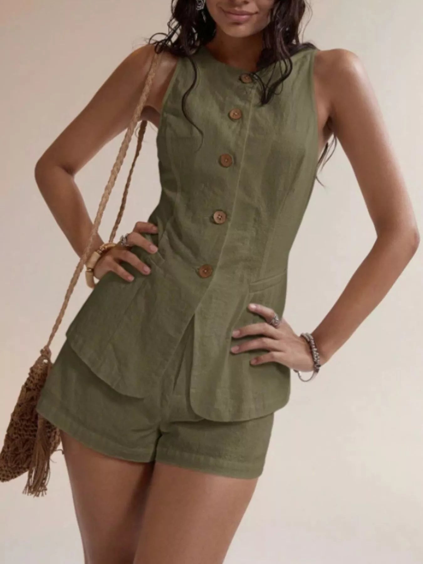 Button-Down Sleeveless Top and Shorts Set - Godess beauty  #