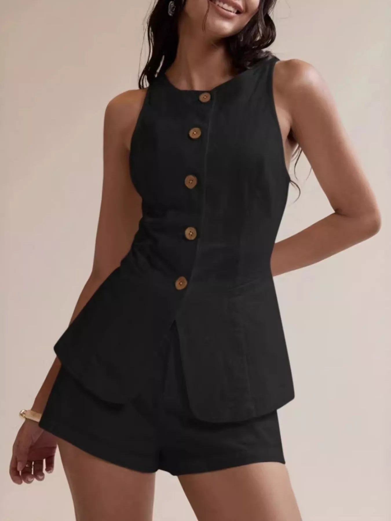 Button-Down Sleeveless Top and Shorts Set - Godess beauty  #