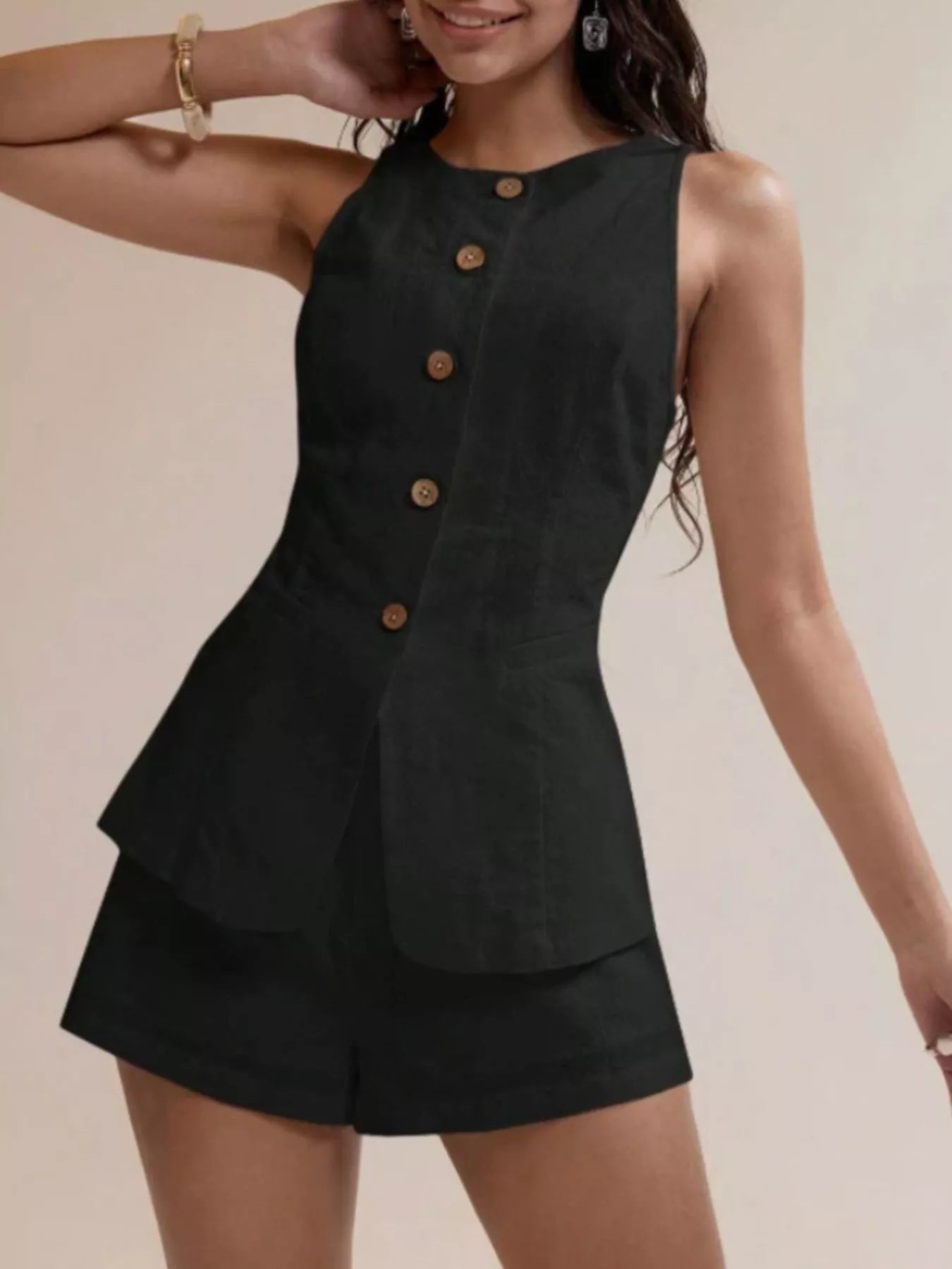 Button-Down Sleeveless Top and Shorts Set - Godess beauty  #