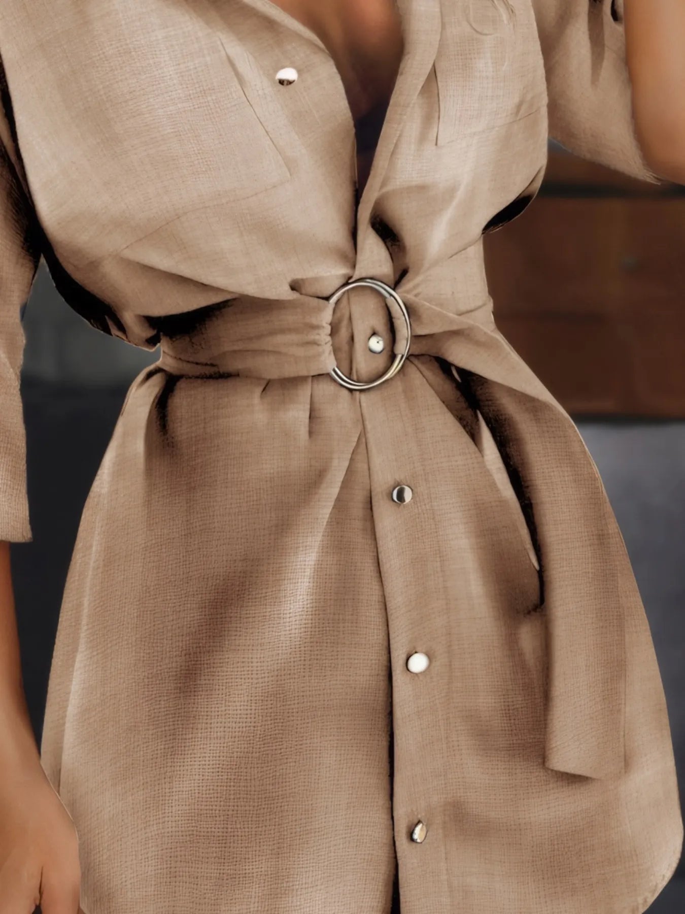 Button-Front Belted Shirt Dress - Godess beauty  #