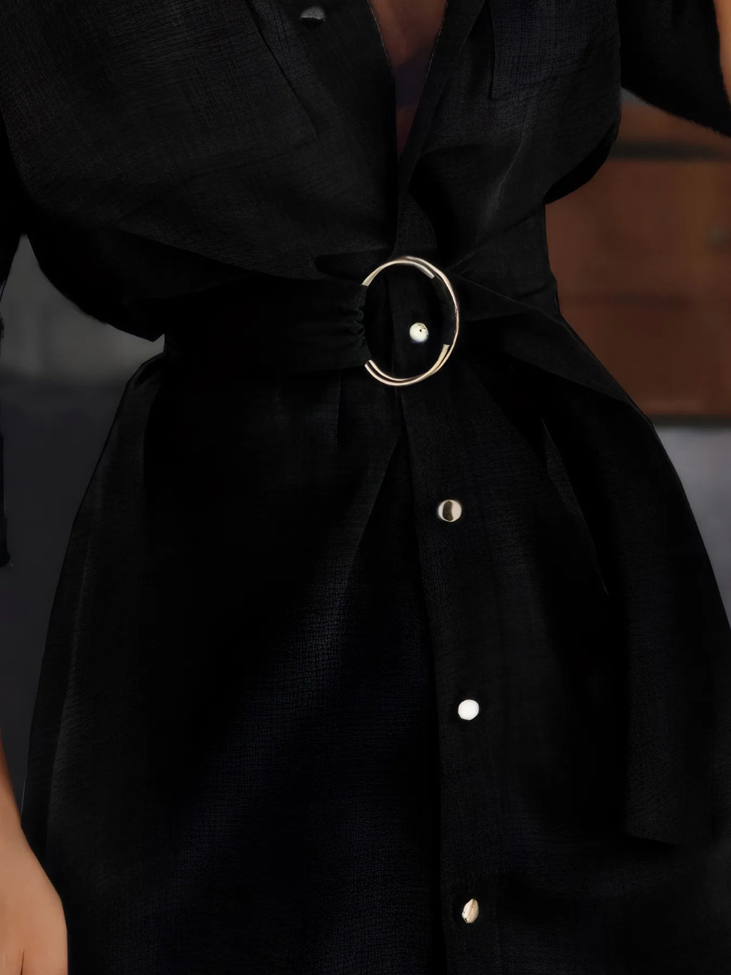 Button-Front Belted Shirt Dress - Godess beauty  #