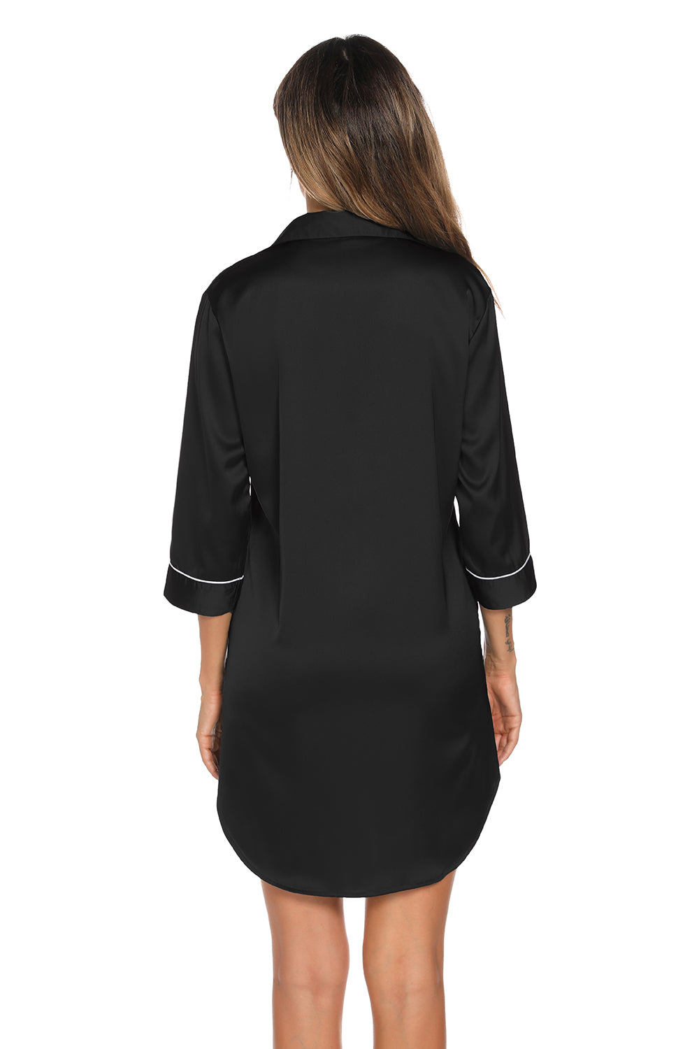 Button Up Collared Neck Night Dress with Pocket - Godess beauty  #