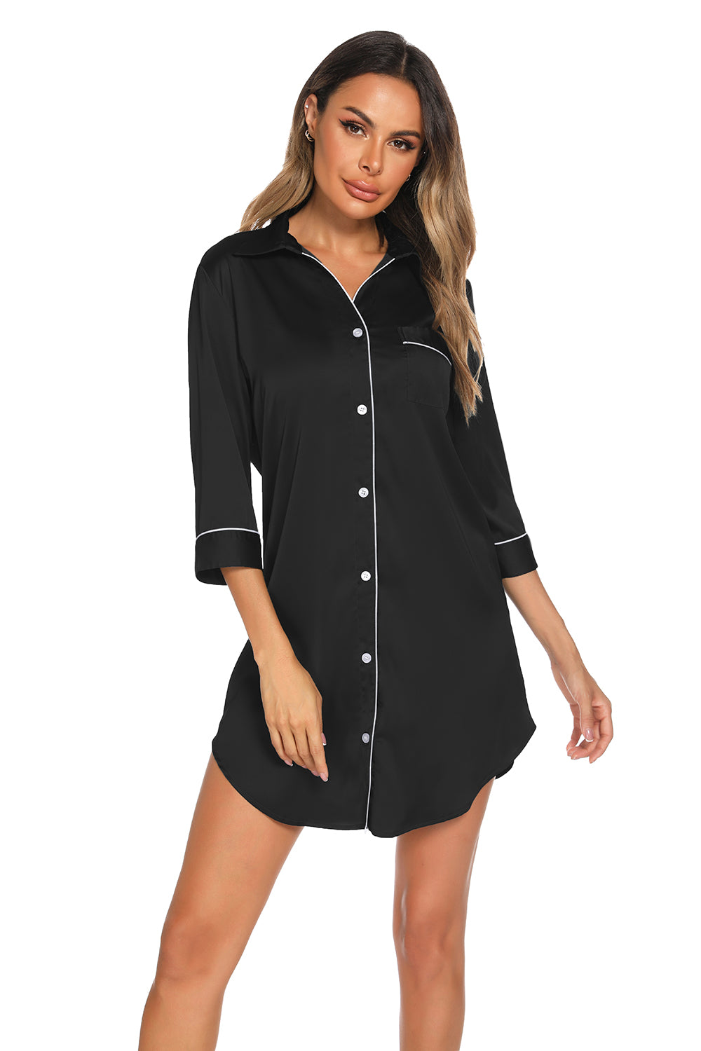 Button Up Collared Neck Night Dress with Pocket - Godess beauty  #