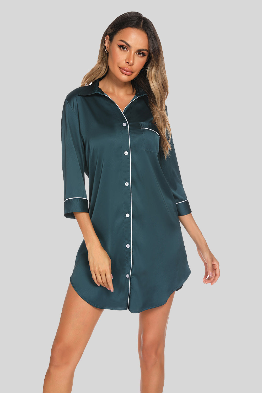 Button Up Collared Neck Night Dress with Pocket - Godess beauty  #