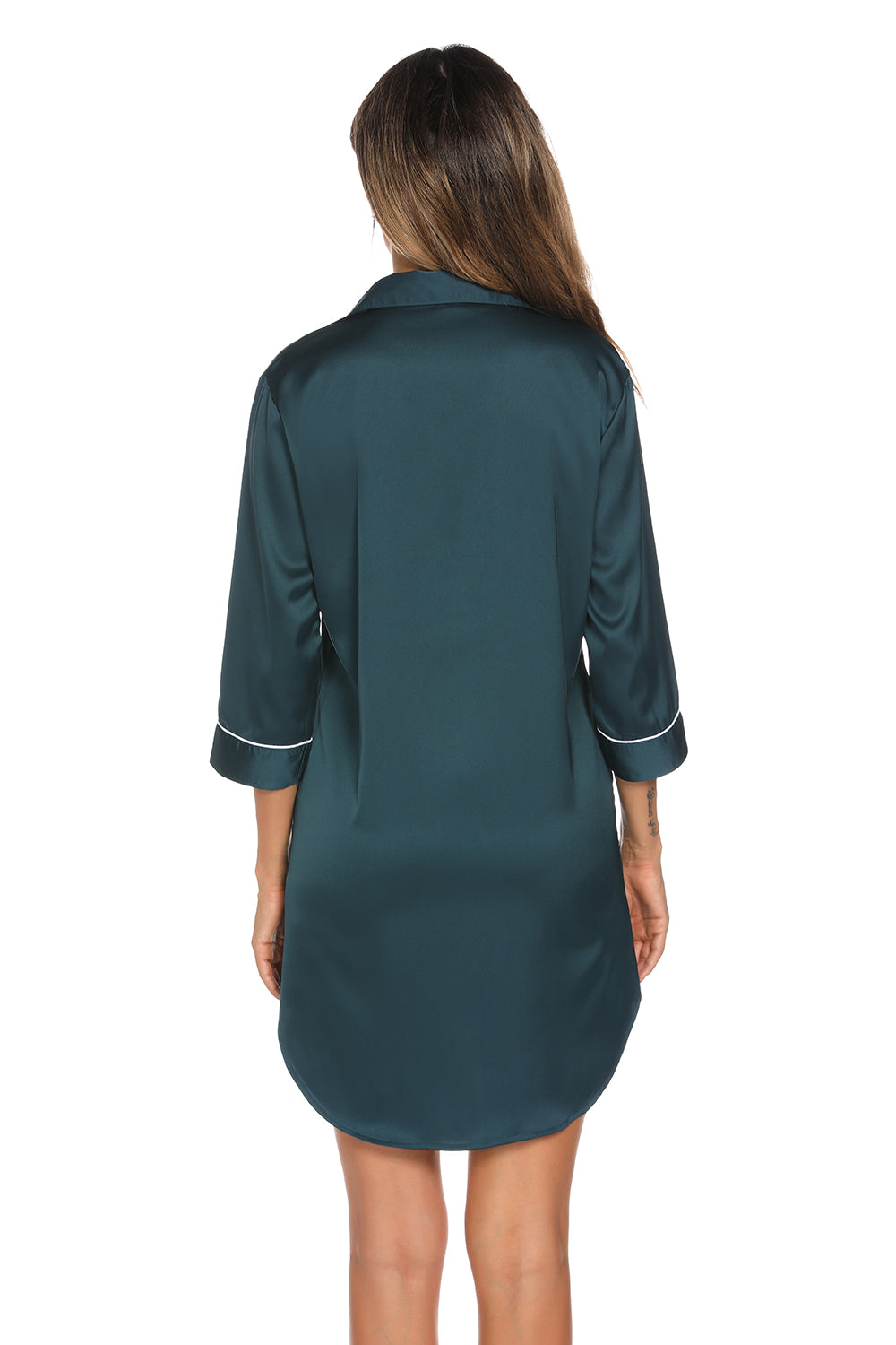 Button Up Collared Neck Night Dress with Pocket - Godess beauty  #