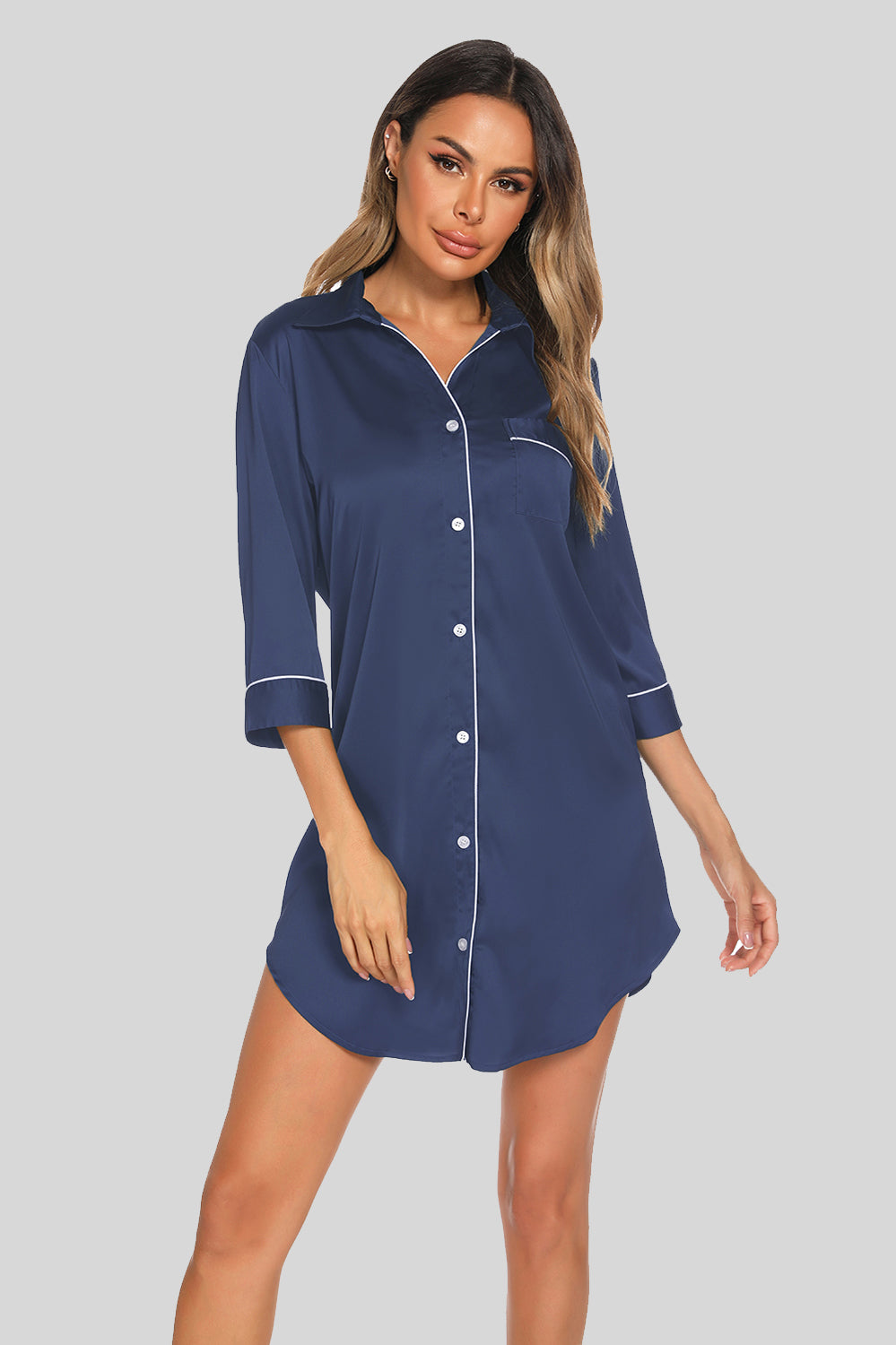 Button Up Collared Neck Night Dress with Pocket - Godess beauty  #
