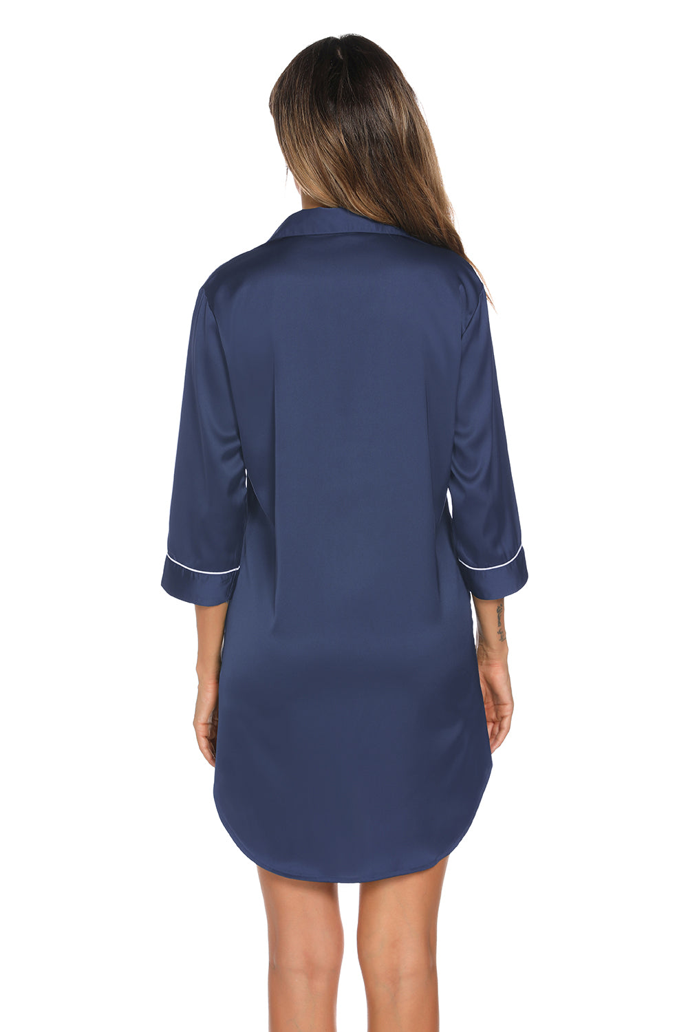 Button Up Collared Neck Night Dress with Pocket - Godess beauty  #