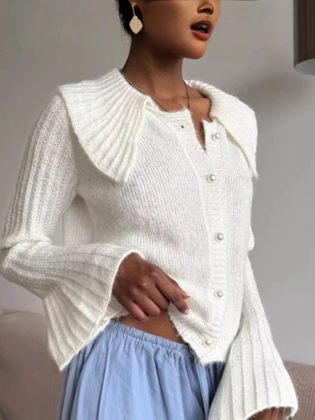 Button Up Flare Sleeve Cardigan - Godess Beauty  #