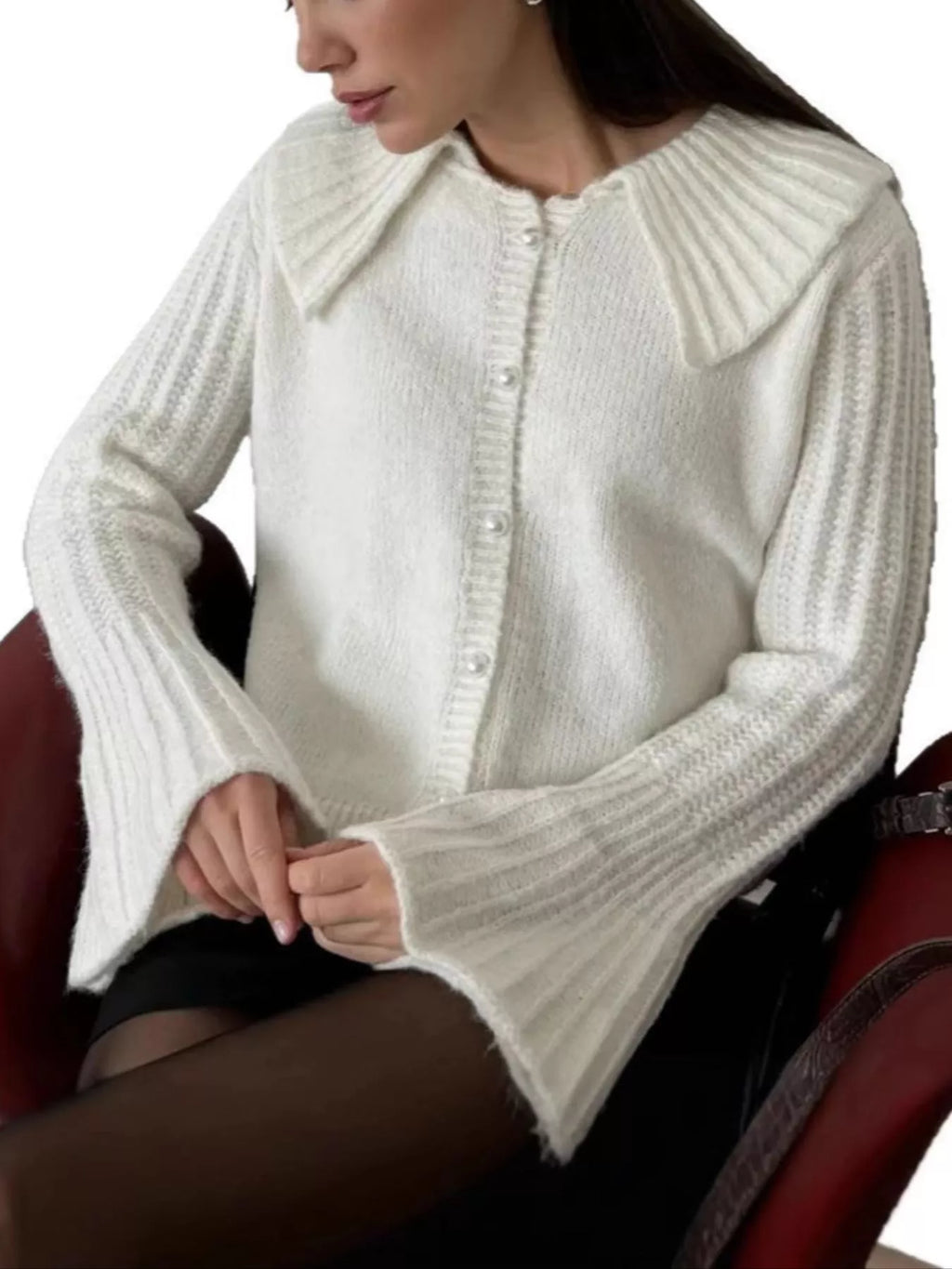 Button Up Flare Sleeve Cardigan - Godess Beauty  #