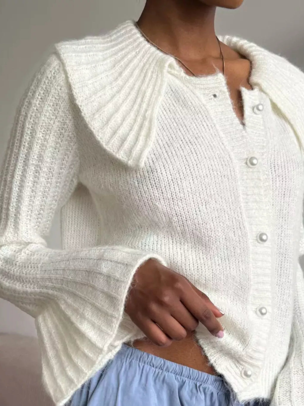 Button Up Flare Sleeve Cardigan - Godess Beauty  #