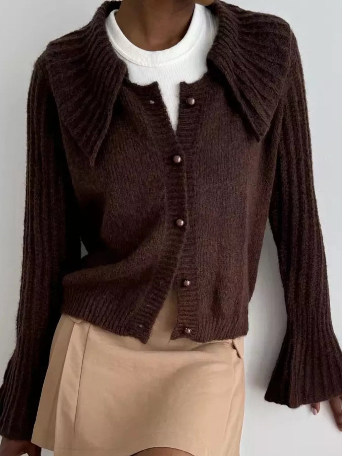 Button Up Flare Sleeve Cardigan - Godess Beauty  #