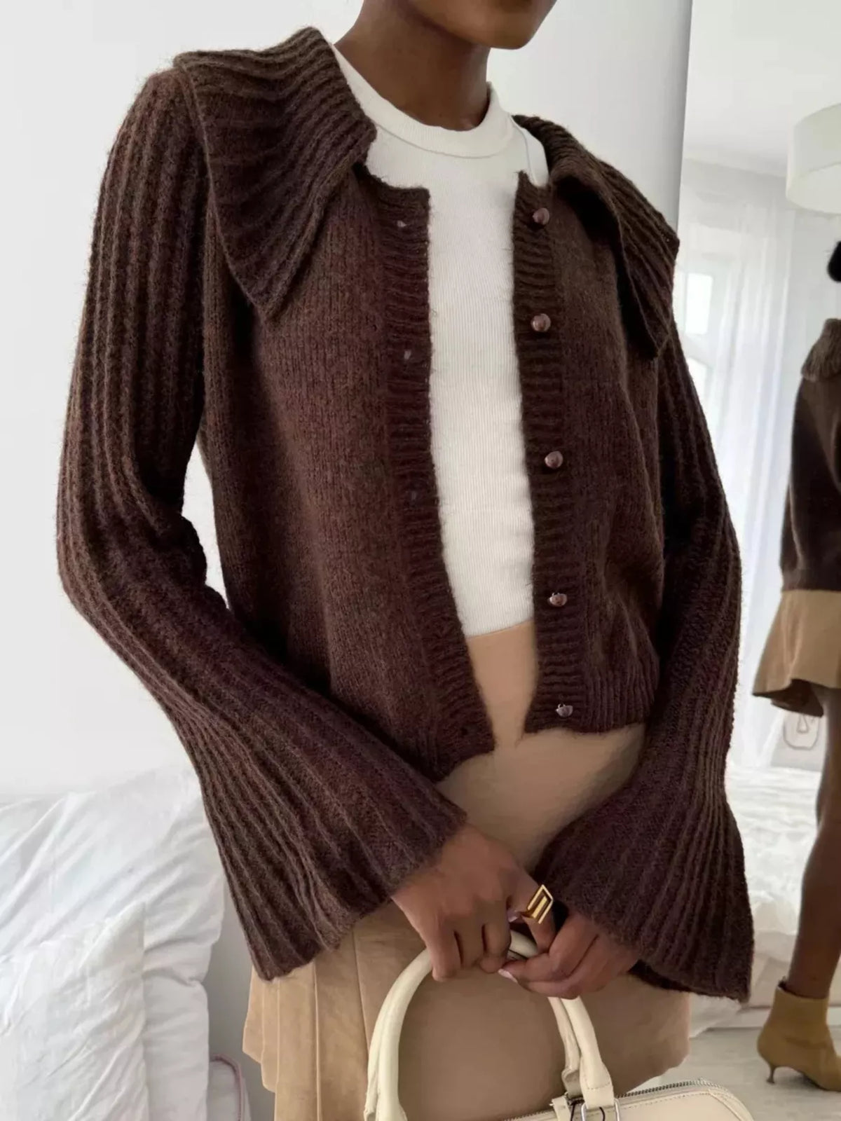 Button Up Flare Sleeve Cardigan - Godess Beauty  #
