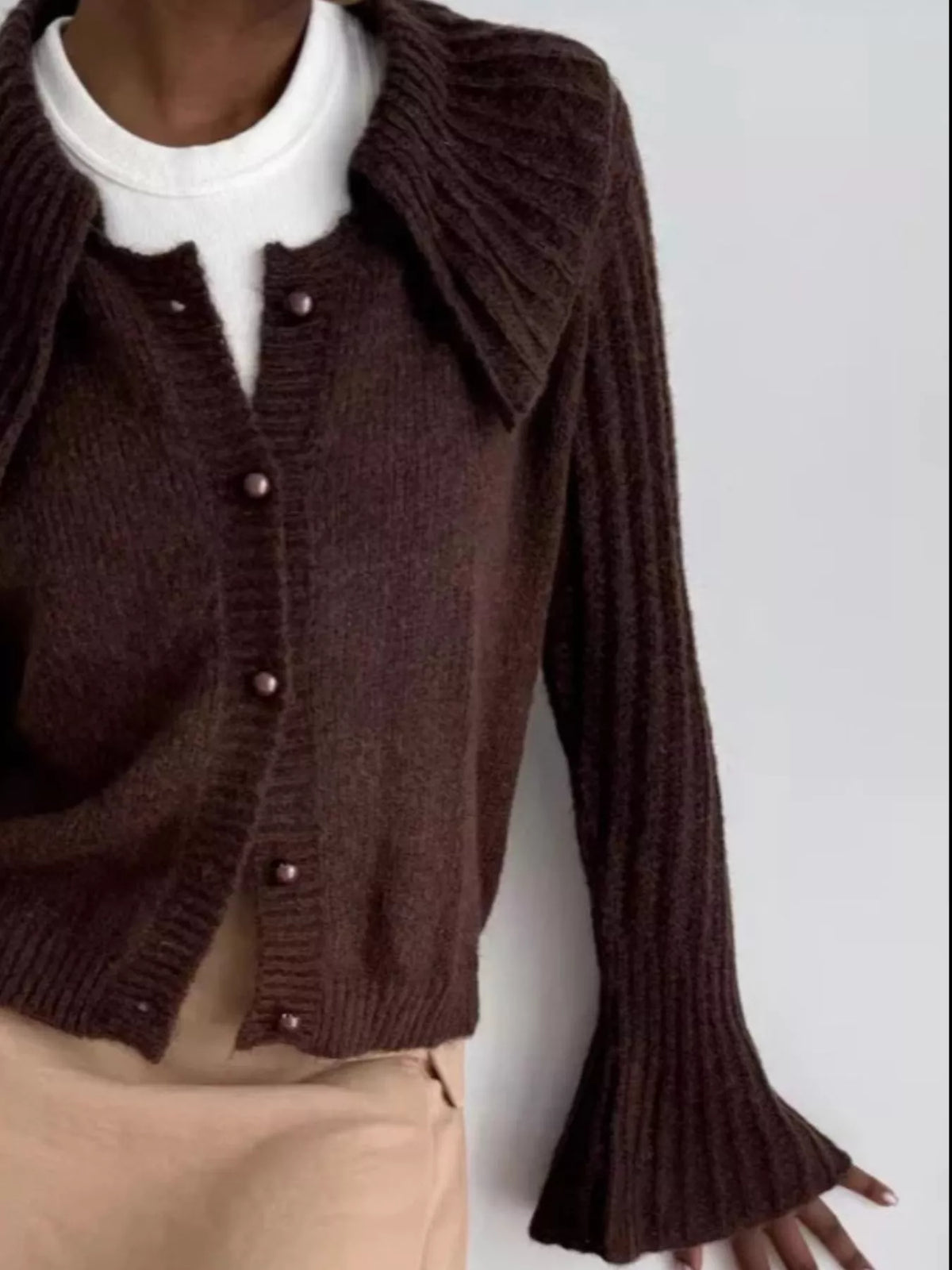 Button Up Flare Sleeve Cardigan - Godess Beauty  #