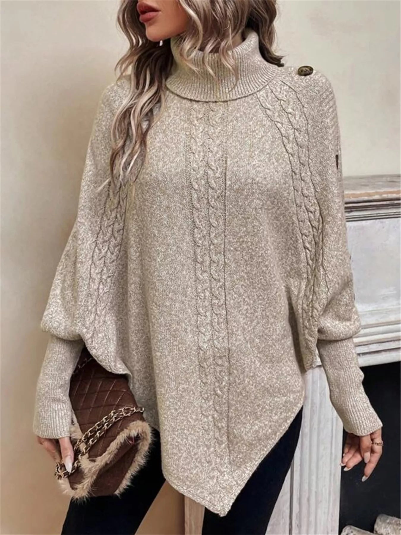 Cable Knit Turtleneck Cape Sweater - Godess beauty  #