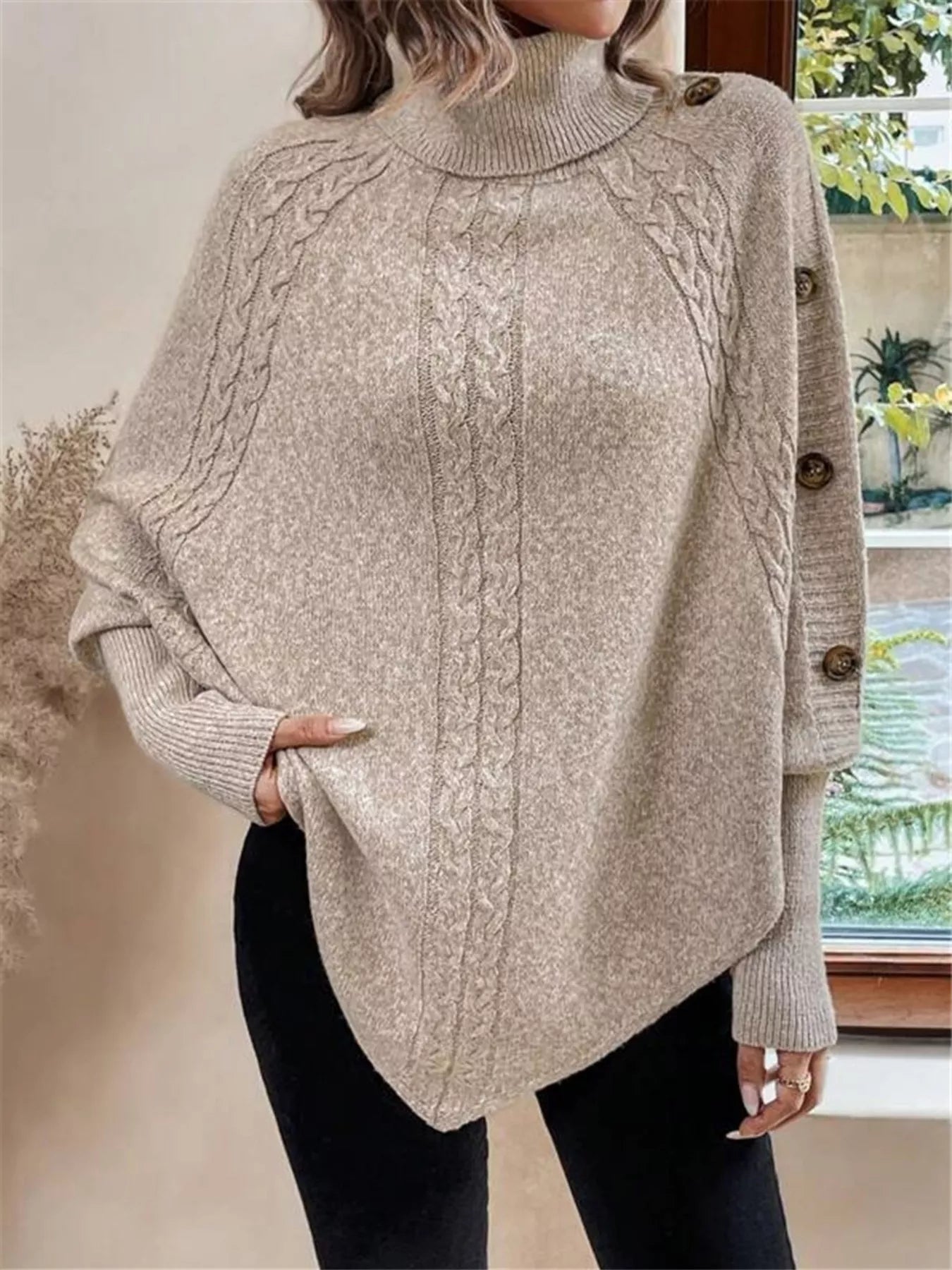 Cable Knit Turtleneck Cape Sweater - Godess beauty  #