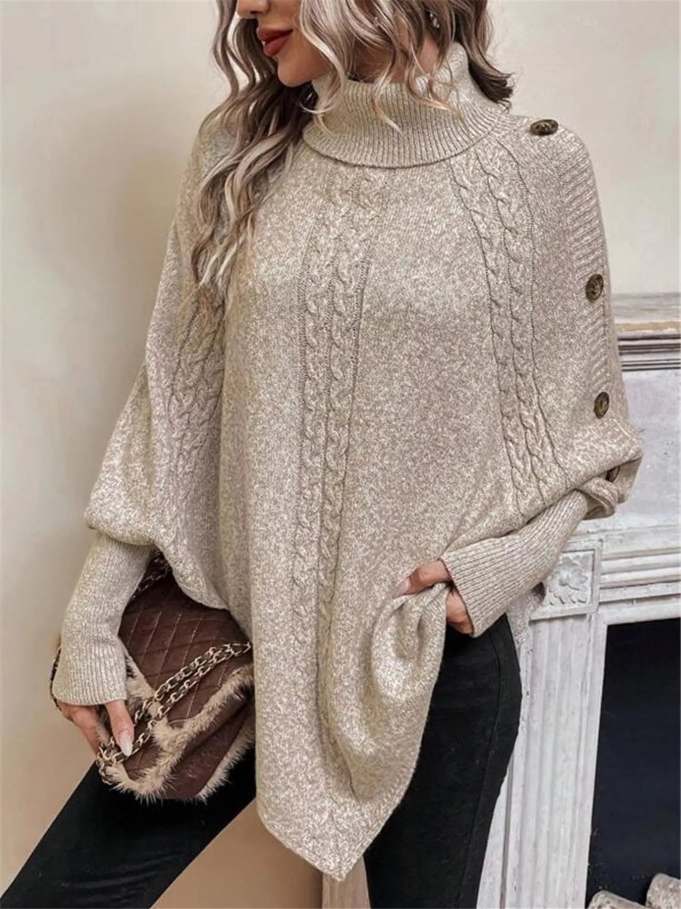 Cable Knit Turtleneck Cape Sweater - Godess beauty  #