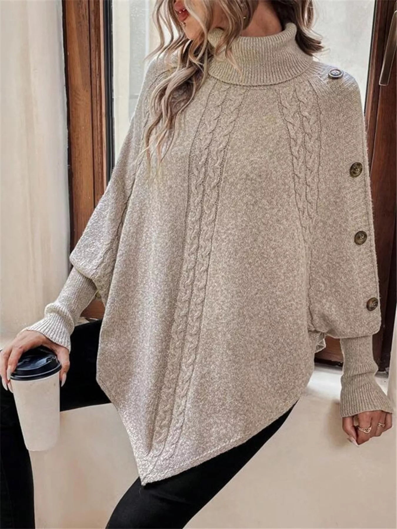 Cable Knit Turtleneck Cape Sweater - Godess beauty  #
