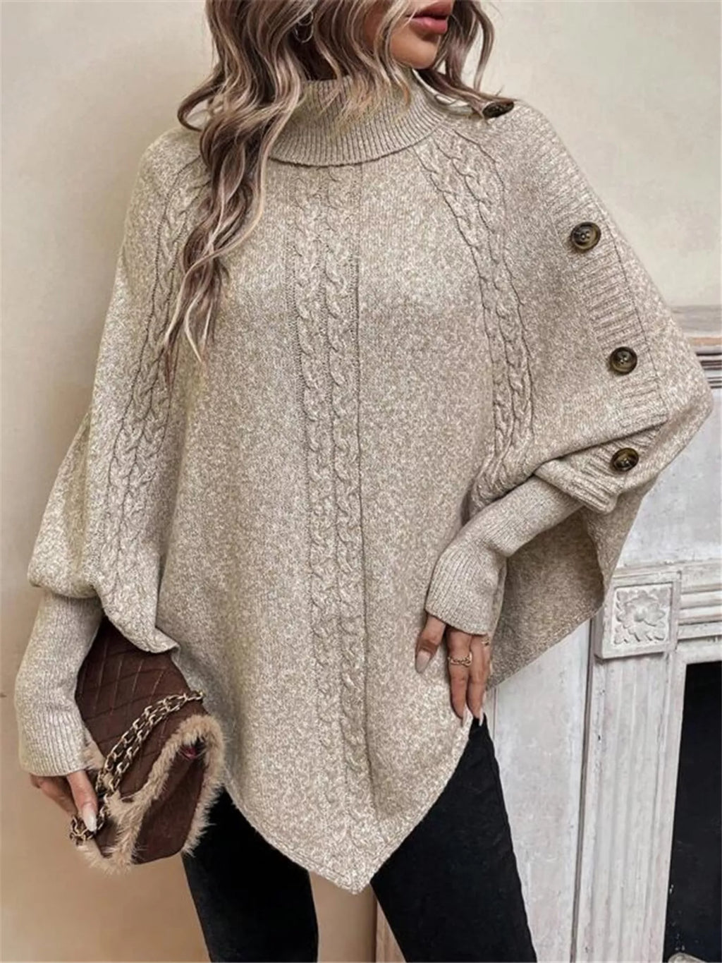 Cable Knit Turtleneck Cape Sweater - Godess beauty  #