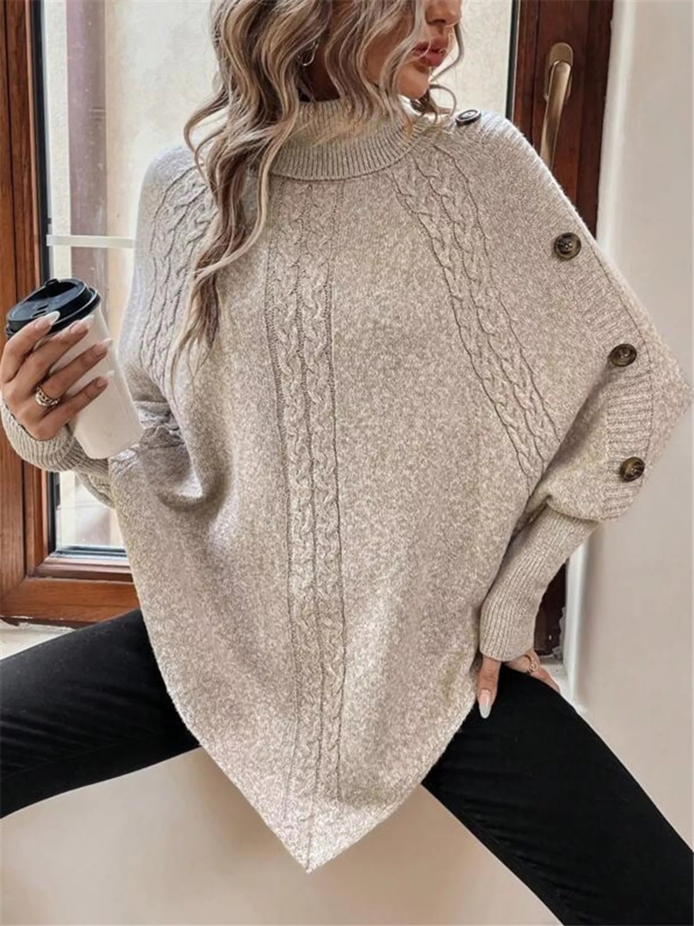 Cable Knit Turtleneck Cape Sweater - Godess beauty  #
