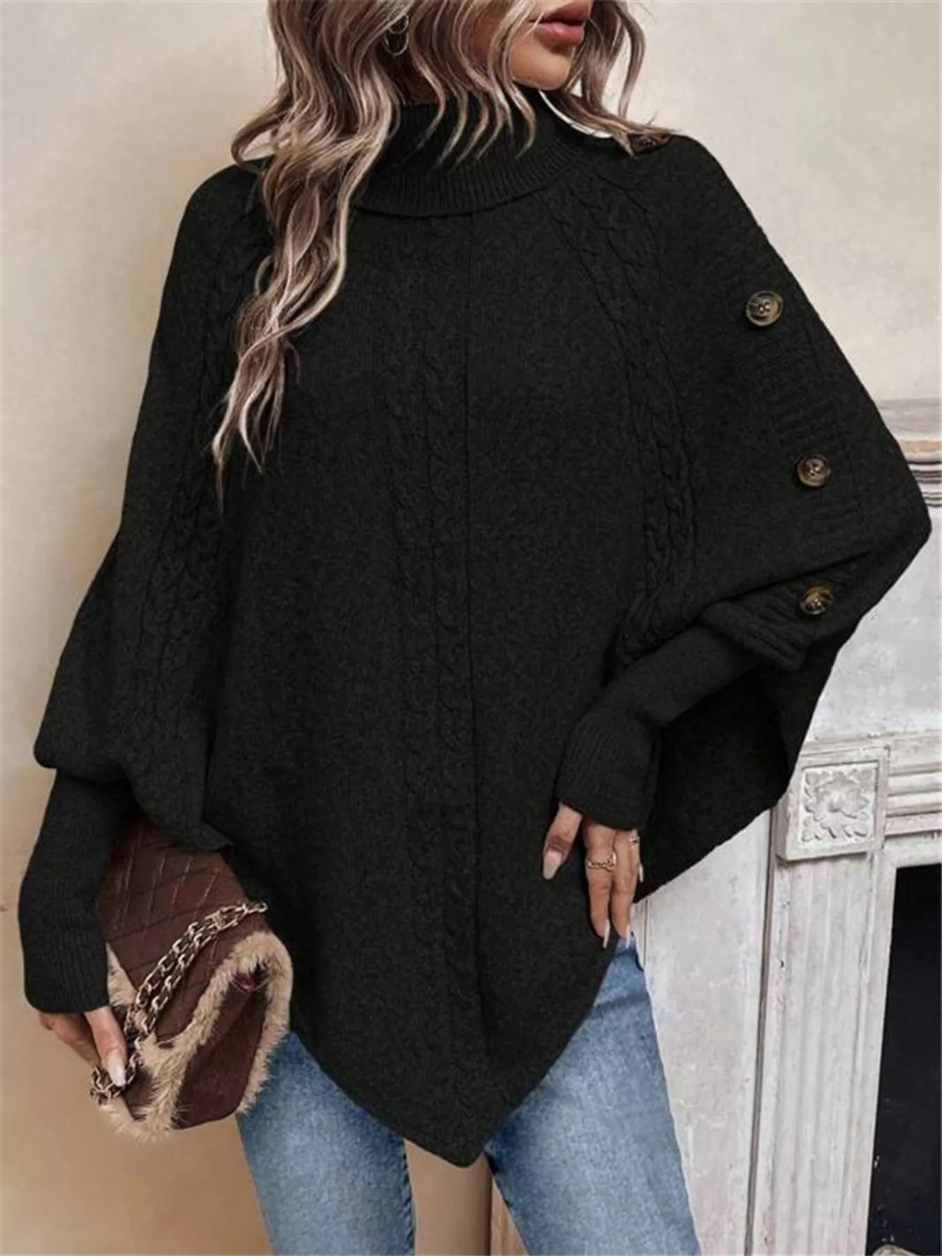 Cable Knit Turtleneck Cape Sweater - Godess beauty  #