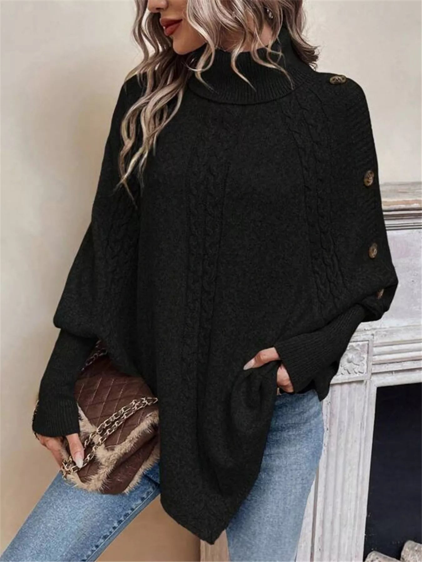 Cable Knit Turtleneck Cape Sweater - Godess beauty  #