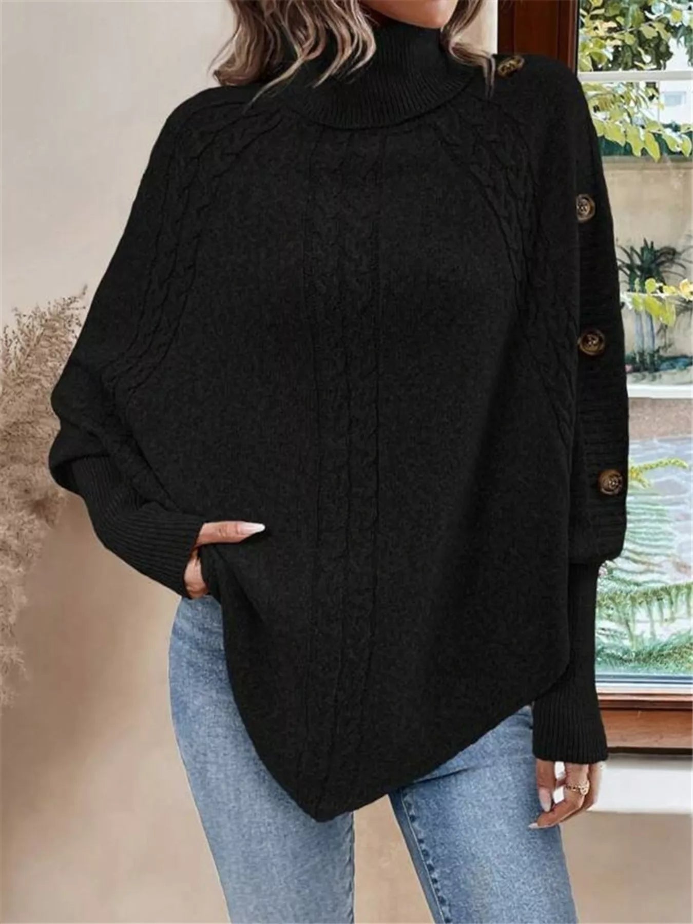 Cable Knit Turtleneck Cape Sweater - Godess beauty  #