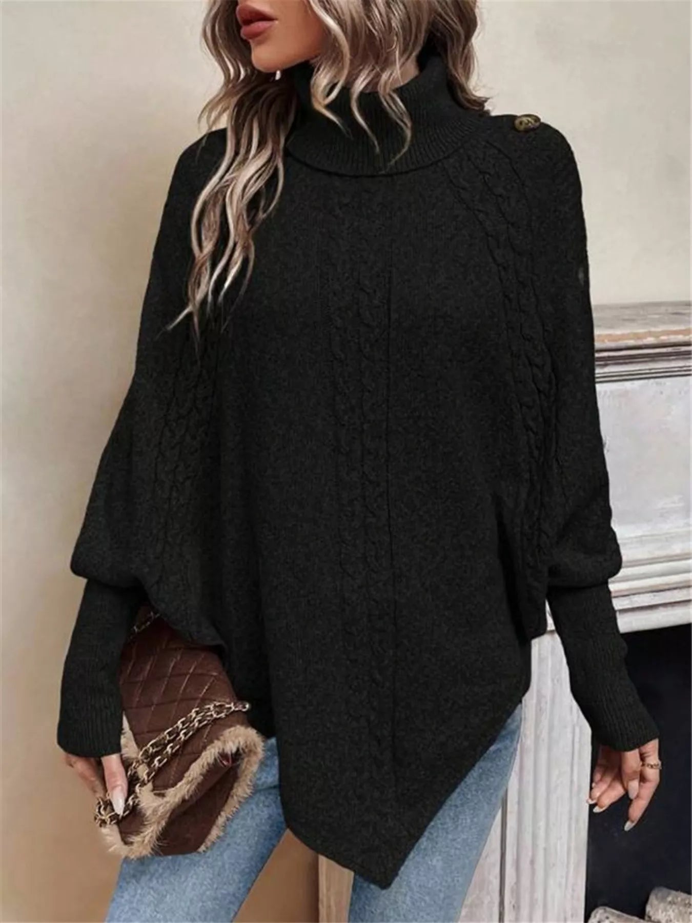 Cable Knit Turtleneck Cape Sweater - Godess beauty  #