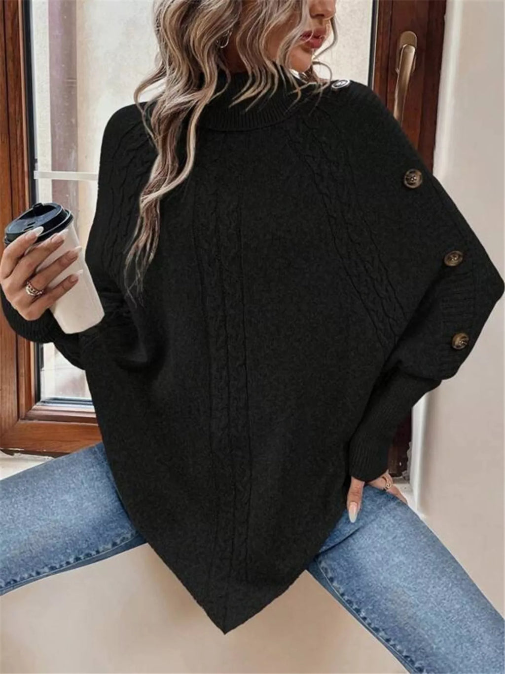 Cable Knit Turtleneck Cape Sweater - Godess beauty  #