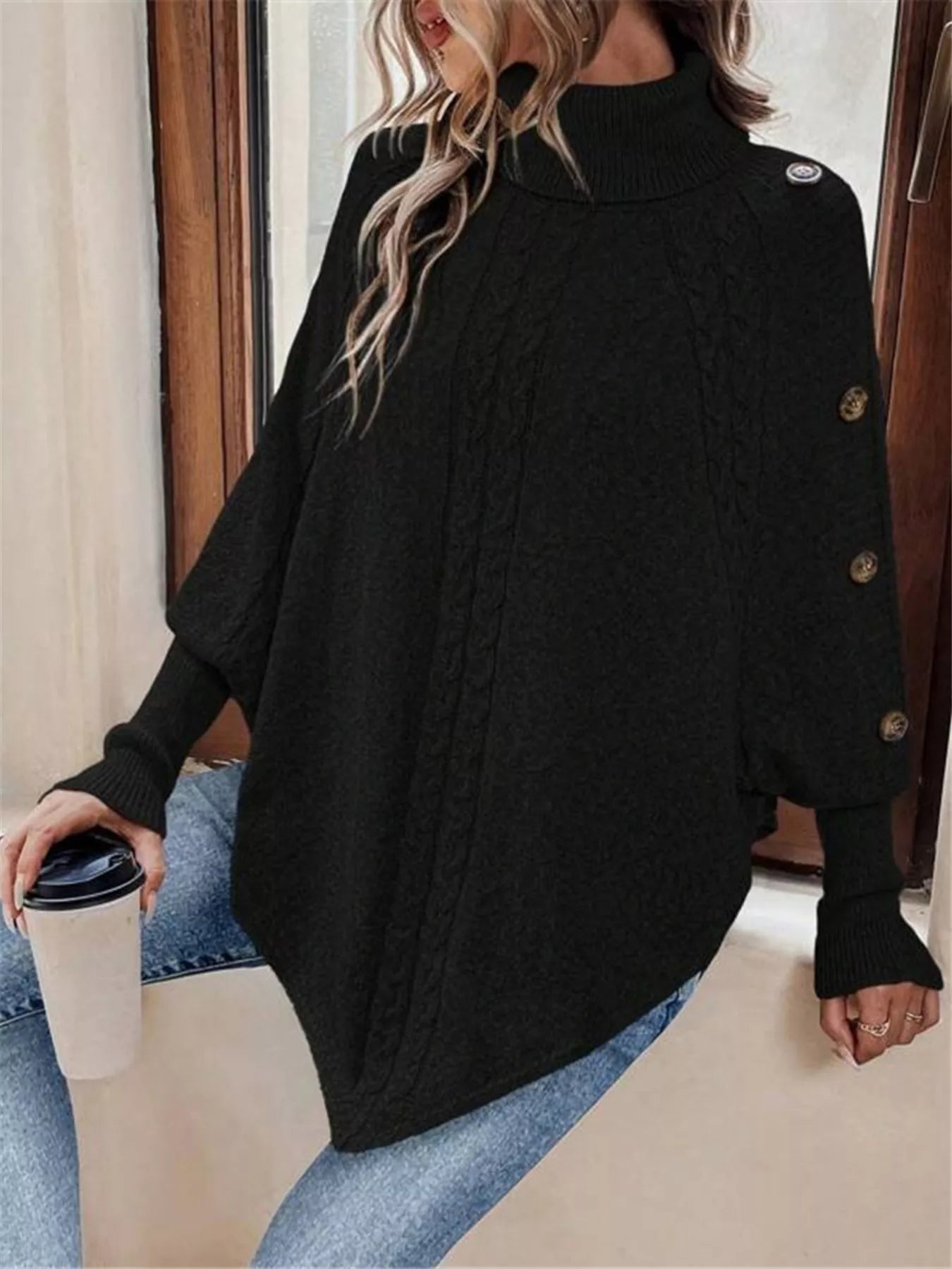 Cable Knit Turtleneck Cape Sweater - Godess beauty  #