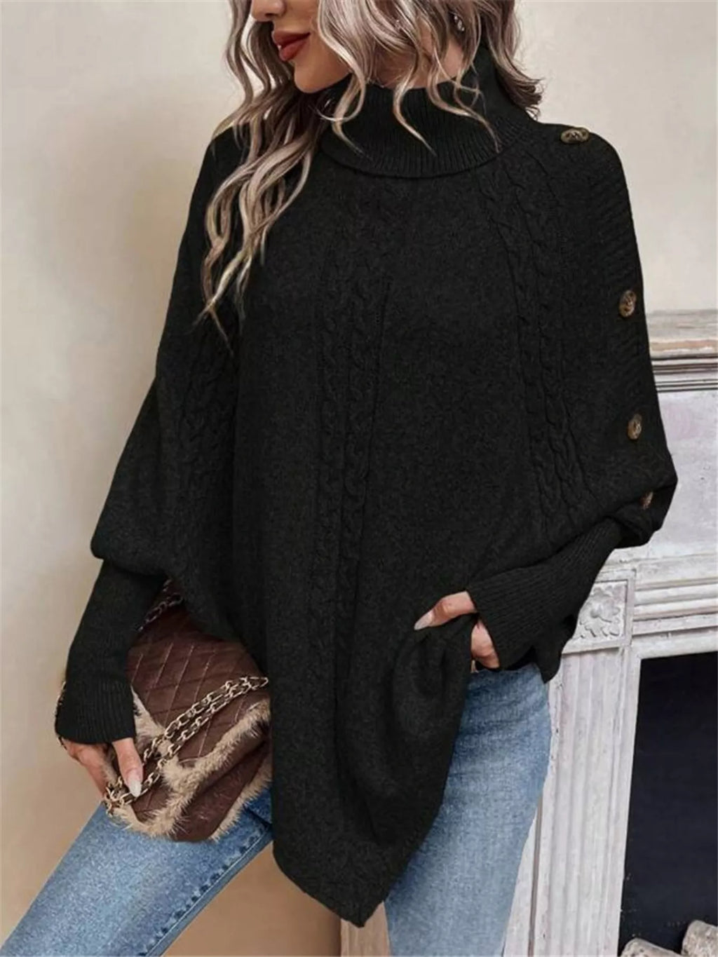 Cable Knit Turtleneck Cape Sweater - Godess beauty  #