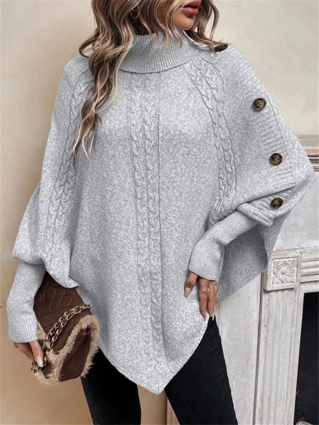 Cable Knit Turtleneck Cape Sweater - Godess beauty  #